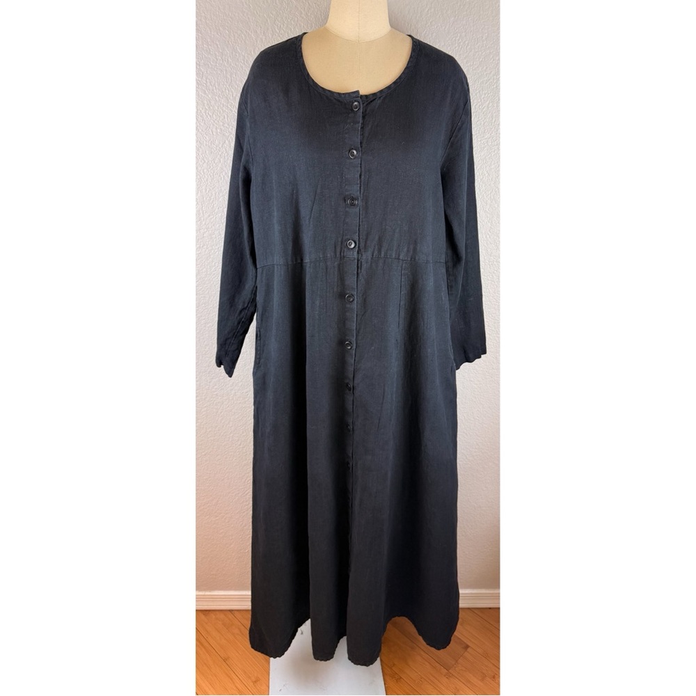 FLAX Vintage Women's Linen Long Heavy Black Button-Down Maxi Dress Medium